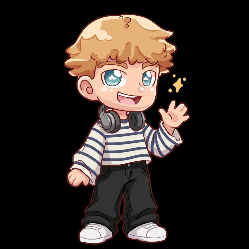 Lucas waving hello, headphones around his neck