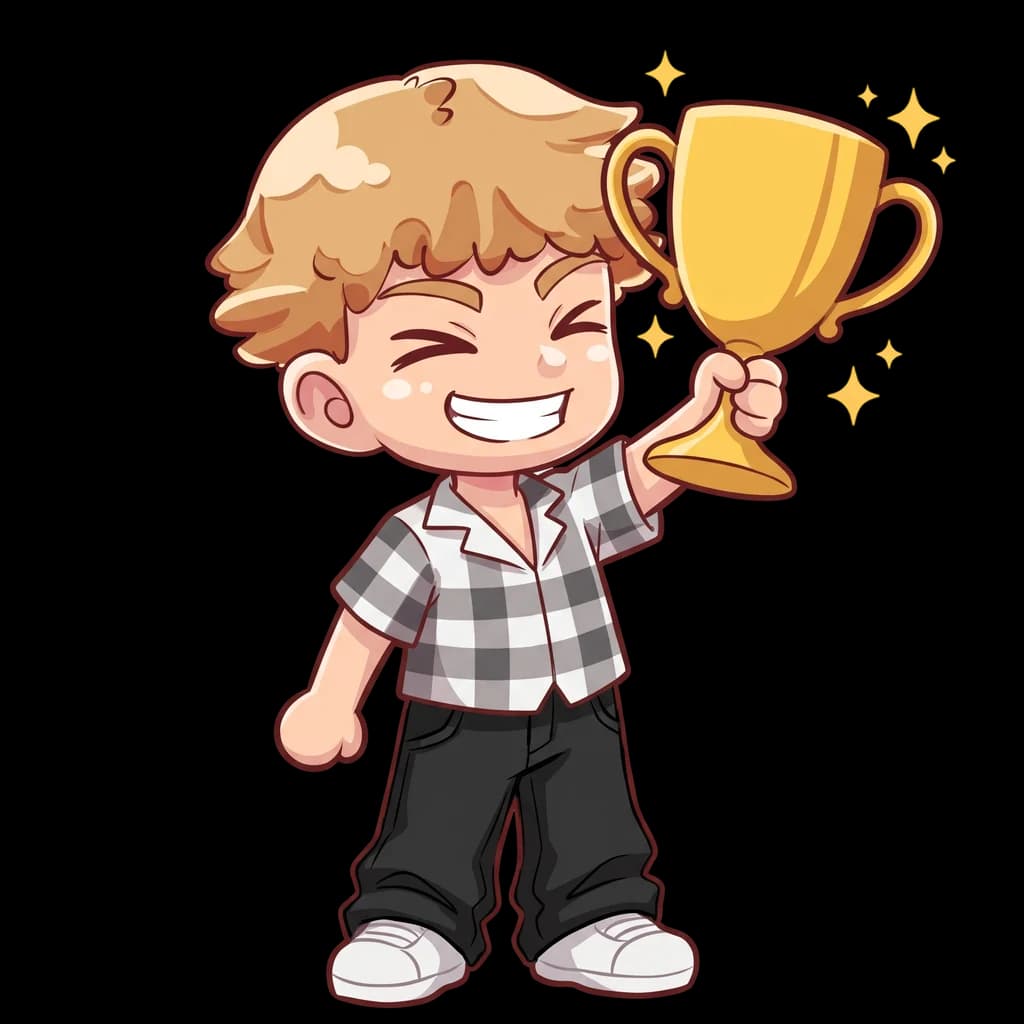 Lucas holding up a gold trophy